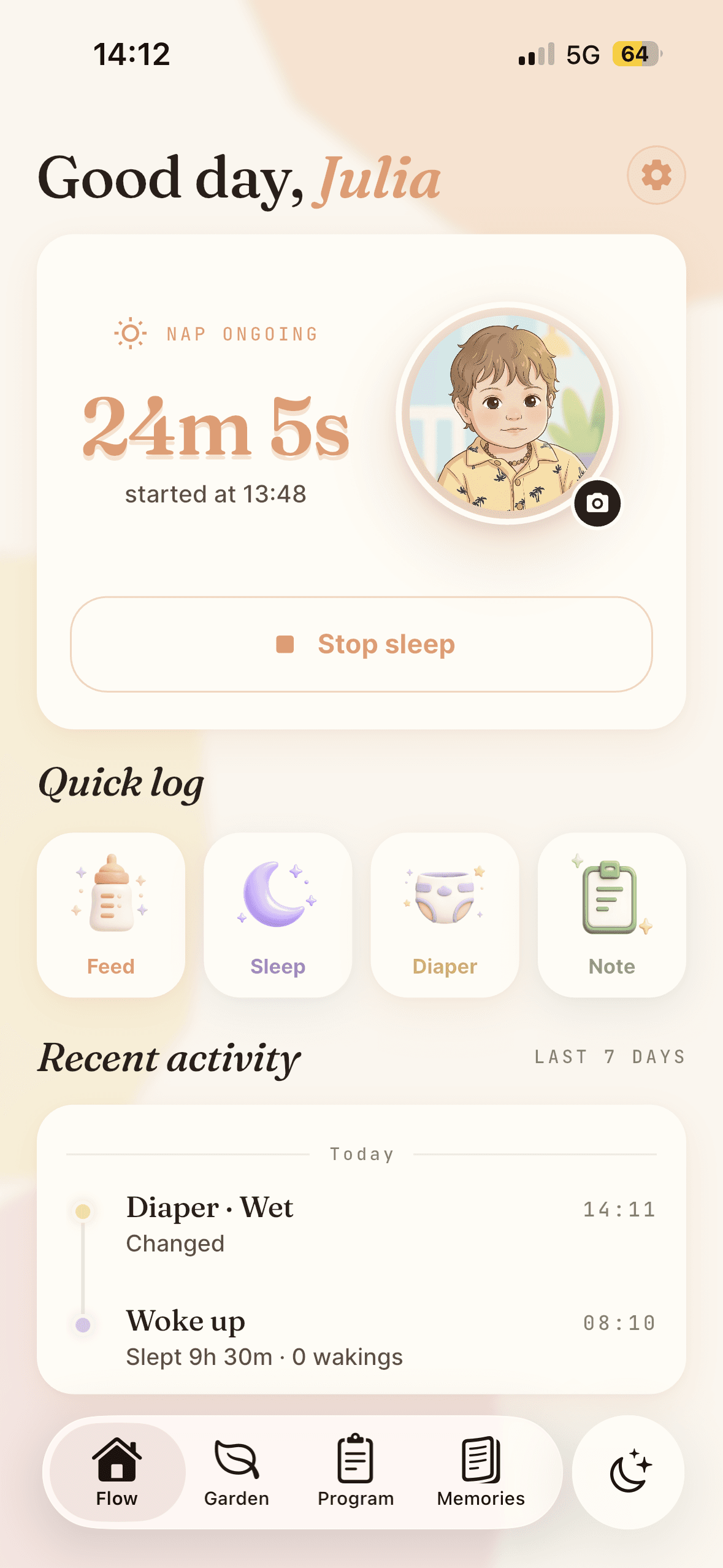 Parentra Flow screen with the next sleep window, quick logs, and recent activity