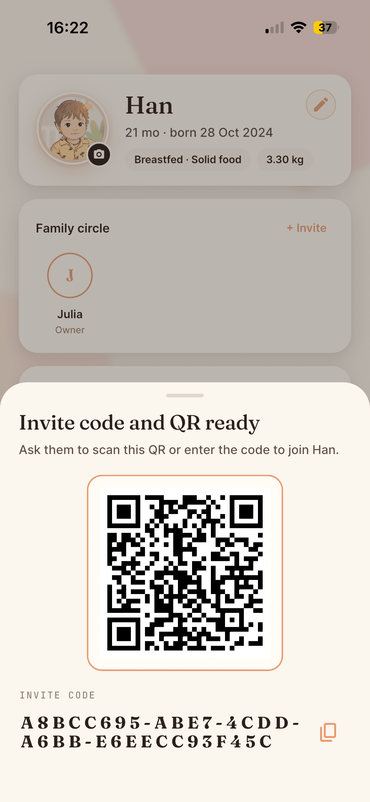 Parentra family invite QR code screen