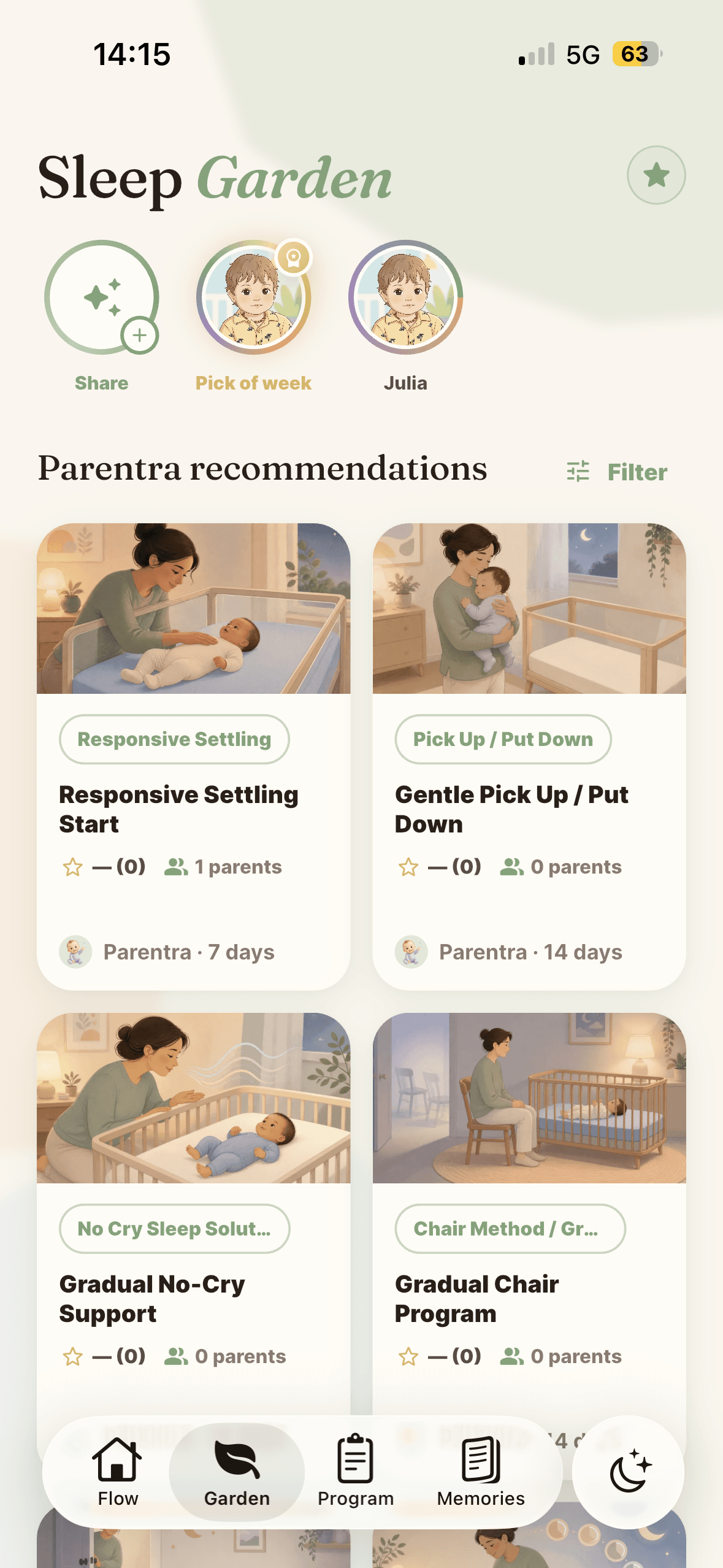 Parentra Sleep Garden showing gentle sleep programs shared by the community